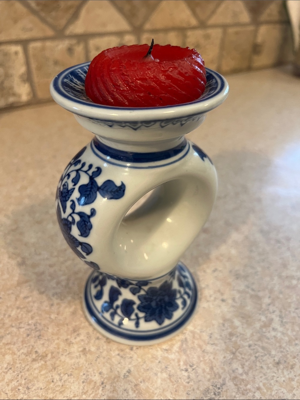 Blue and White Porcelain Candle Holder with Red Accent Candle